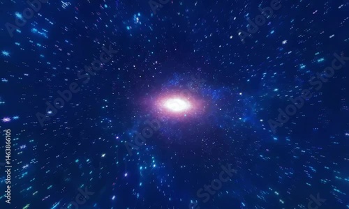 Abstract Deep Blue Space Flight Simulation with Sparkling Stars and Bright Center