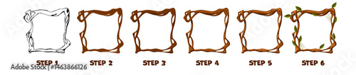 Drawing wooden frame step by step. Tree branch frame for game, print, education or more design