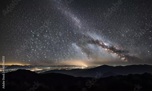 Milky Way Galaxy Over City Lights and Dark Mountain Range at Night