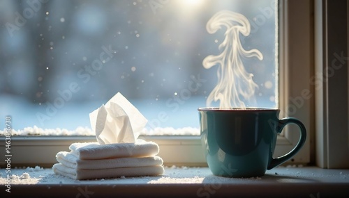A steaming mug beside a pile of tissues on a snowy windowsill , season, winter