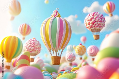 3D illustration of colorful candies and lollipops in the shape of hot air balloons flying over Candyland. The scene is cute, colorful
