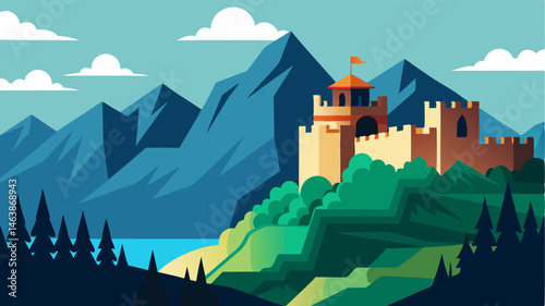 Nestled at the foot of a towering mountain range this fortress blends seamlessly into its surroundings blending history with nature.