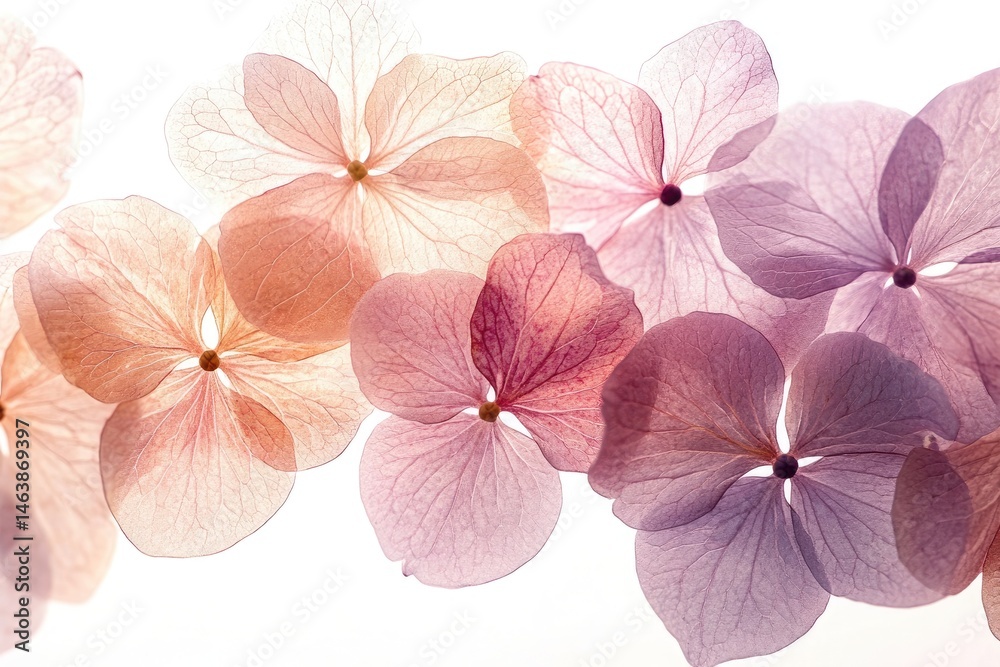 Fototapeta premium Delicate Pink and Purple Hydrangea Flowers, Veined Petals with White Background
