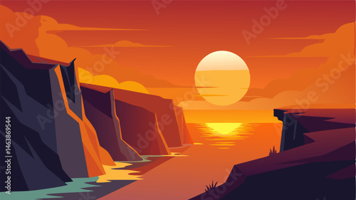 The breathtaking sight of the sun setting behind a row of cliffs casting a warm orange glow over the rugged coastline.