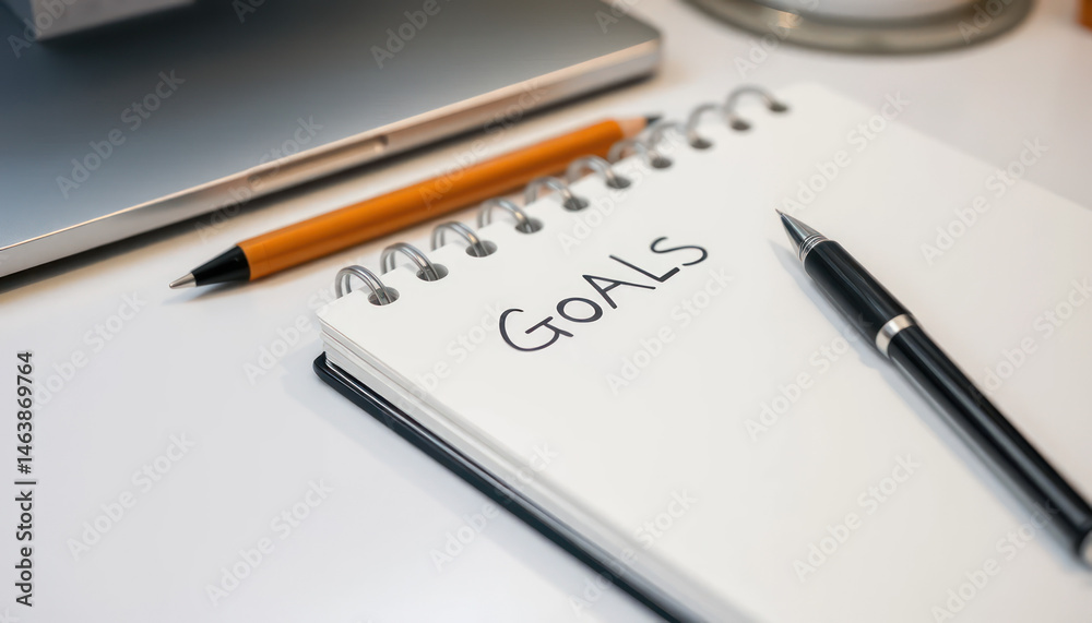Inspirational Note Taking with Goals Written on Paper and Stationery Items on Desk Inspirational Note Taking with Goals Written on Paper and Stationery Items on Desk