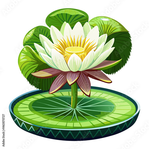 A vector illustration of a giant Amazonian water lily with wide flat leaves and a white flower, isolated on white