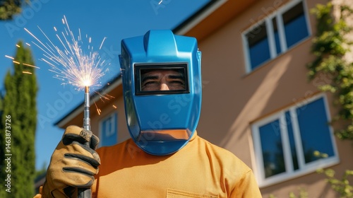 Skilled Welder with Protective Gear Sparks in Outdoor Environment