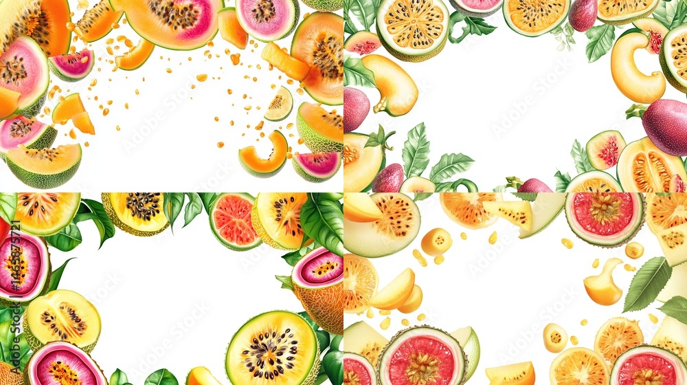 Colorful fruit slices and pieces in vibrant arrangements Colorful fruit slices and pieces in vibrant arrangements