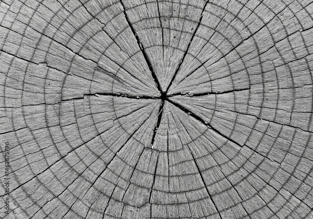 Fototapeta premium Detailed Monochrome Wood Texture with Visible Rings and Cracks