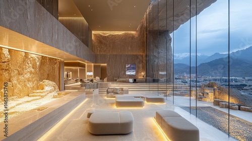 Grand lobby with rock integration, minimalist furniture, mountain view, natural light