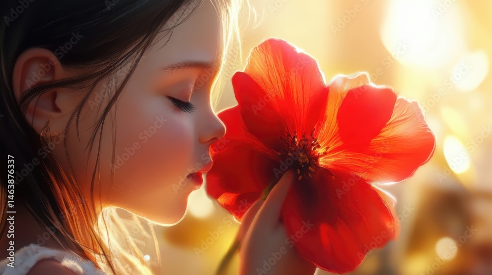 Naklejka premium A very beautiful red flower, and a little girl holding it, looked down and smelled the flower.realistic style, natural lighting.