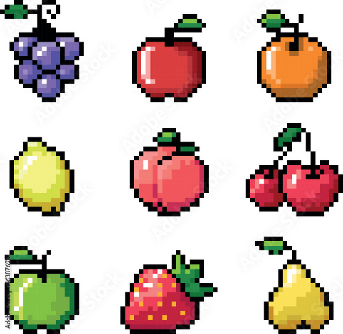 Colorful pixel art fruits. Icons of apple, orange, lemon, cherry, pear, grape, strawberry. Digital food illustrations perfect for game design, mobille apps, stickers, and web design