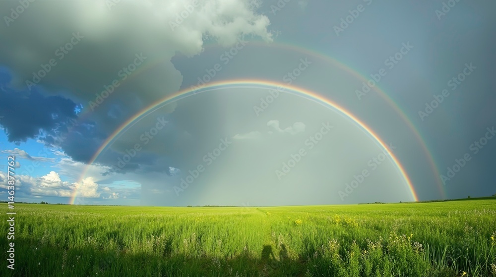 Naklejka premium Rainbow over Meadow After Rain, 3D illustration