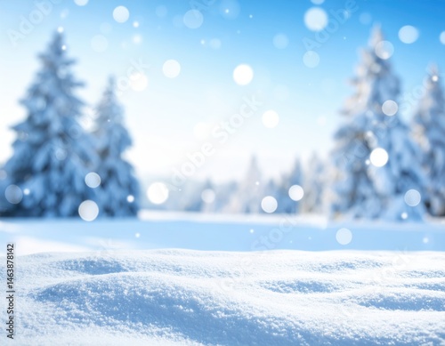 A serene winter landscape featuring snow-covered ground and frosty trees, illuminated by soft, diffused light and falling snowflakes