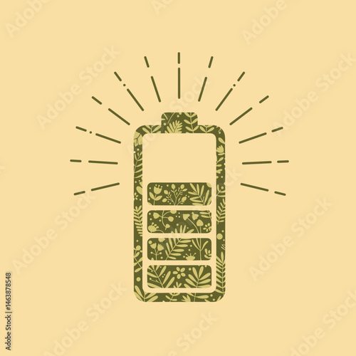 Floral patterned battery icon with rays on a soft yellow background for eco-friendly energy concept
