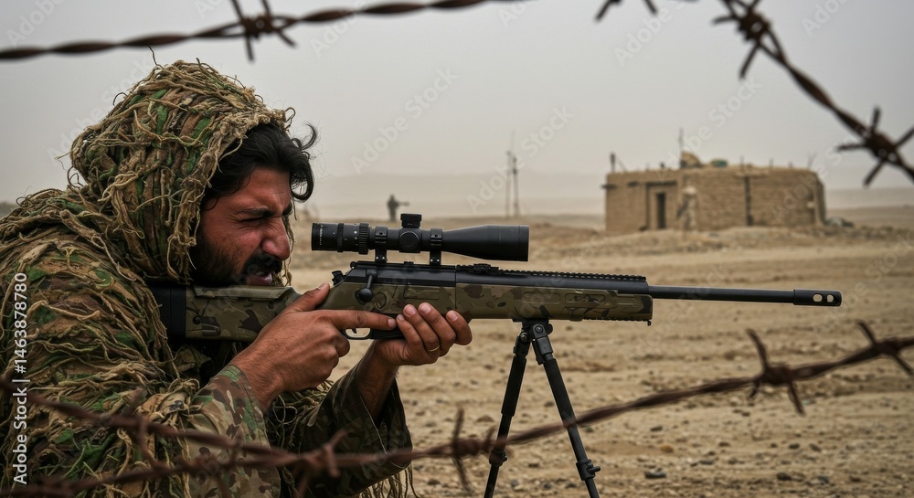 Fototapeta premium Focused sniper in camouflage gear on desolate terrain with high stakes mission