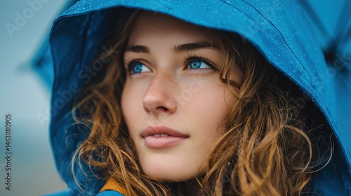 Thoughtful young woman in a raincoat and umbrella, gazing ahead against a soft blue background