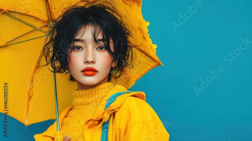 Young Asian woman in a raincoat holding an umbrella, looking thoughtful and composed against a blue backdrop