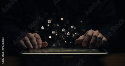 Businessman using tablet with house icons digital real estate banner