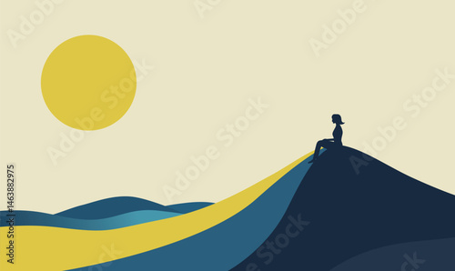 Woman People Silhouette Sitting Loneliness on Dune Top Desert Landscape with Sun in the Sky