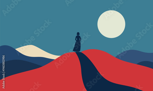 Woman People Silhouette Standing Loneliness on Dune Top Desert Landscape with Full Moon in Night Sky