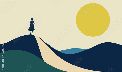 Woman People Silhouette Standing Loneliness on Dune Top Desert Landscape with Sun in the Sky