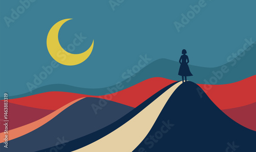 Woman Silhouette Standing Loneliness on Dune Top Desert Landscape with Crescent Moon in Night Sky