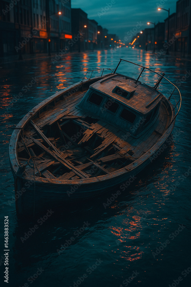 Fototapeta premium Abandoned Wooden Boat in Flooded City, High-Resolution Urban Scene