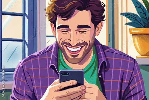 Smiling man texting on smartphone with a joyful expression, representing connection, communication, and positive digital interaction. Ideal for technology, lifestyle, and social media concepts vector