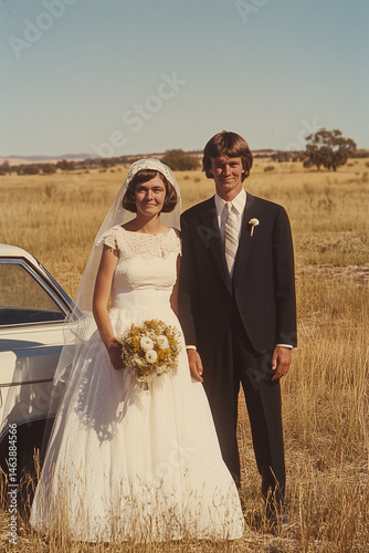 vintage wedding portrait photo of australian bride and groom in field with old car, 1970s faded color film	
