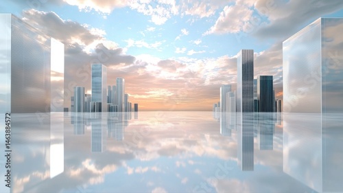 Fototapeta Naklejka Na Ścianę i Meble -  Futuristic Cityscape Reflection at Sunset futuristic cityscape reflection sunset city architecture