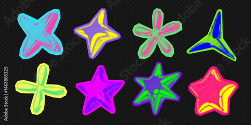 Y2k 3d punk neon colors light chrome halftone stars shape retro abstract vector illustration sticker set. Chrome silver 3d metallic halftone semitone retro effect bright neon color star collection.