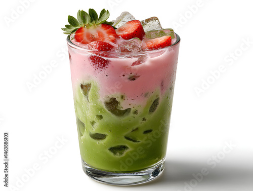 iced matcha strawberry latte. pink-green milk layer drink. Refreshing iced beverage on white clean background. Concept of indulgence, fusion drinks, and gourmet desserts.