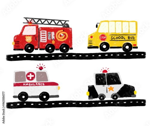Cute set community rescue team emergency vehicles transportation road street crayon kids doodle crayon watercolour illustration police car school bus ambulance fire truck engine nursery