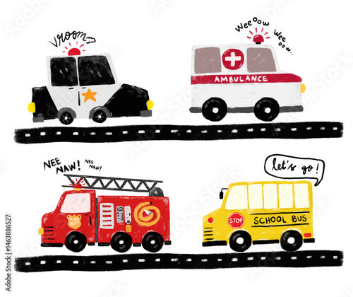 Cute set community rescue team emergency vehicles transportation road street crayon kids doodle crayon watercolour illustration police car school bus ambulance fire truck engine sound text nursery