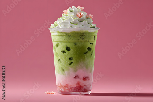 iced matcha strawberry latte in takeaway cup. pink-green milk layer drink. topped with whipped cream. romantic valentine lover drink