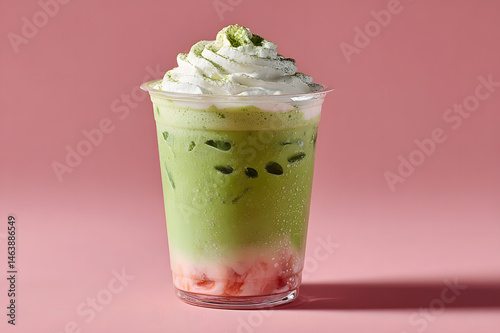  iced matcha strawberry latte in takeaway cup. pink-green milk layer drink. topped with whipped cream. on pastel pink background