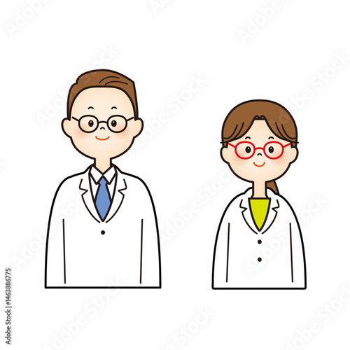 メガネを掛けた白衣の男女のイラスト