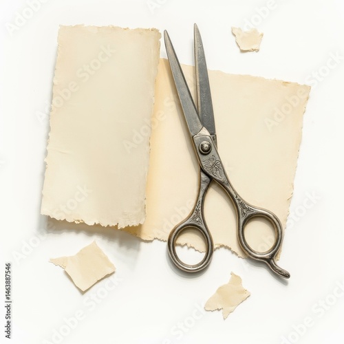 Delicate silver scissors cutting cream paper in artistic indoor still life