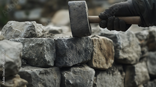 Stone Mason Using a Sledgehammer on Rocks
