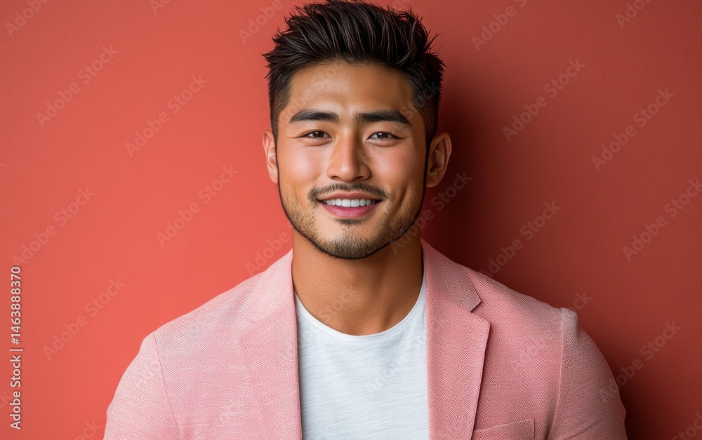Obraz premium young vogue confident smiling man with short hair, wearing a light solid color blazer, standing against color background