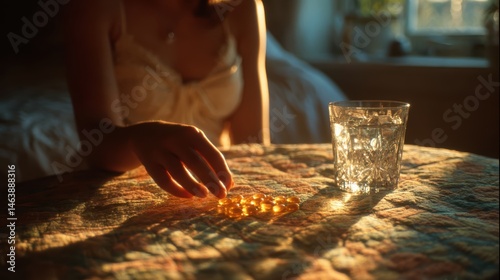 Young woman feeling fatigued and reaching for insomnia pills on her bedside table at home, evening light casting shadows