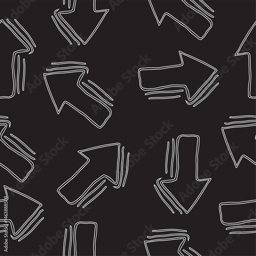 Black and white seamless pattern on a black doodle background with two arrows pointing up and down. Fun and lively drawing, perfect for presentations, infographics, web design and educational material