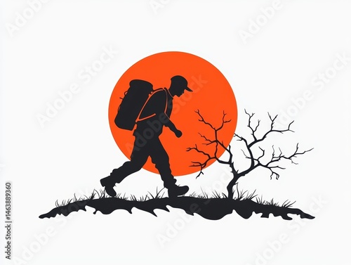 Silhouette hiker on hilltop, sunset photo