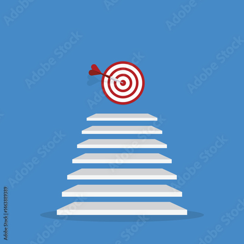 Goal, motivation to success. Climb up stairs to reach goal target on the top.