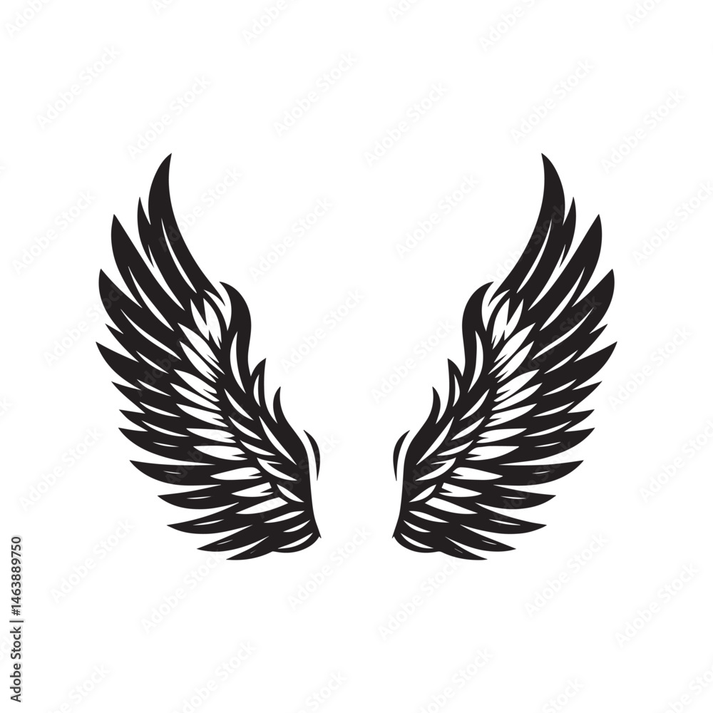 Obraz premium Black and white silhouette of vintage wings angel,bird vector illustration isolated on a white background