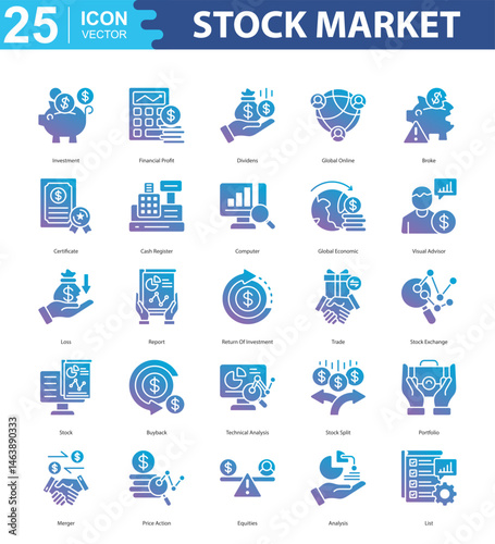 Stock Market icon sheet vector illustration investment, financial profit, dividens, global online, broke, certificate, cash register, computer, global economic, visual advisor, loss, report