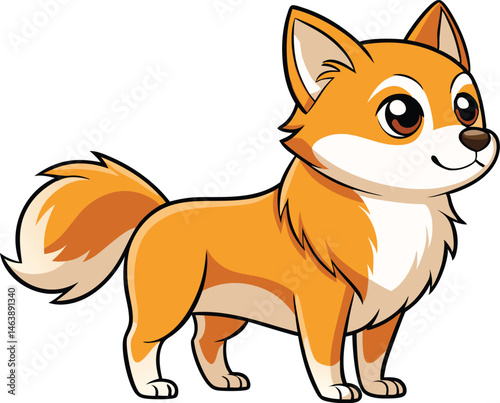 Cute Cartoon Dog Illustration: Orange Shiba Inu Puppy with Fluffy Tail, Friendly Pet Animal Graphic for Kids and Design Projects