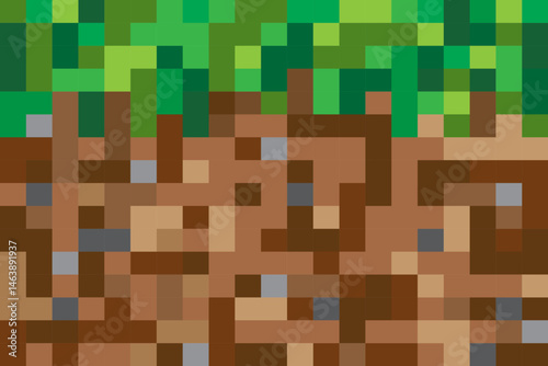 pixel horizontal background of top layer of earth in section with grass on top close-up. conceptual game ground texture in pixel art style, earth and grass in primitive square blocks