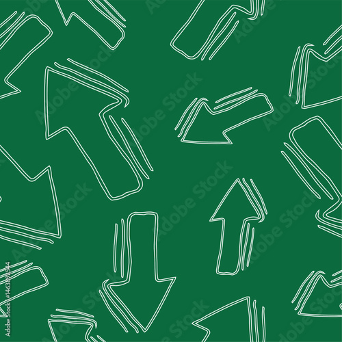 Black and white seamless pattern on a green background in doodle style with two arrows pointing up and down. Fun and lively drawing, perfect for presentations, infographics, web design and educational